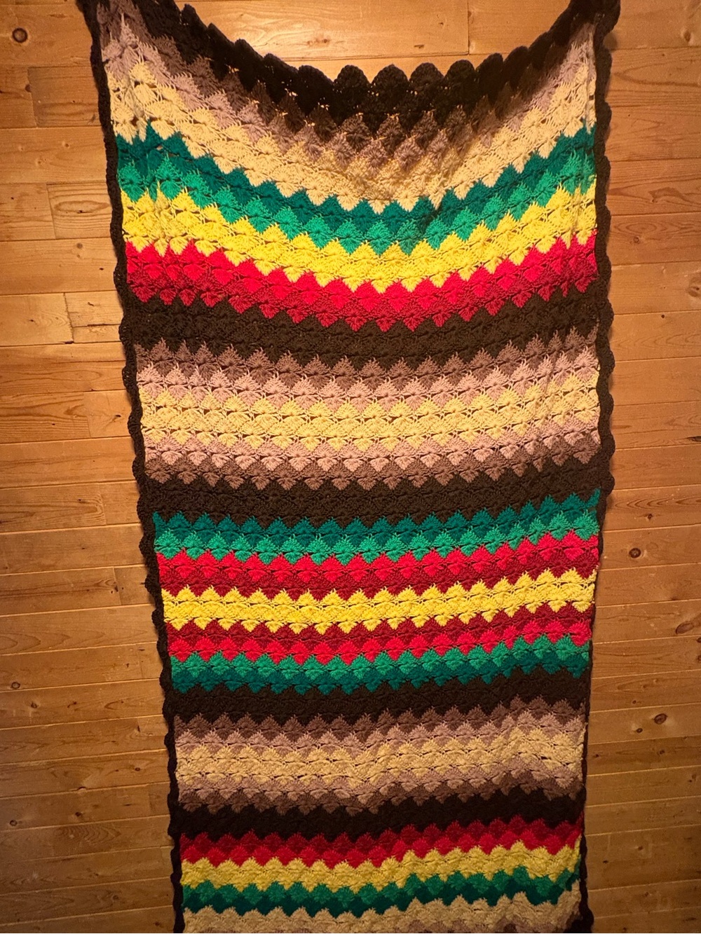 Vintage Handmade Crochet Chevron Throw Blanket in Red, Yellow, Green, Brown,
